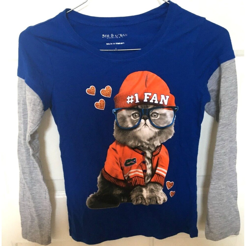 5th & Ocean UF Florida Gators Kitty Cat T-Shirt Long Sleeve Girl's Size 8 EUC